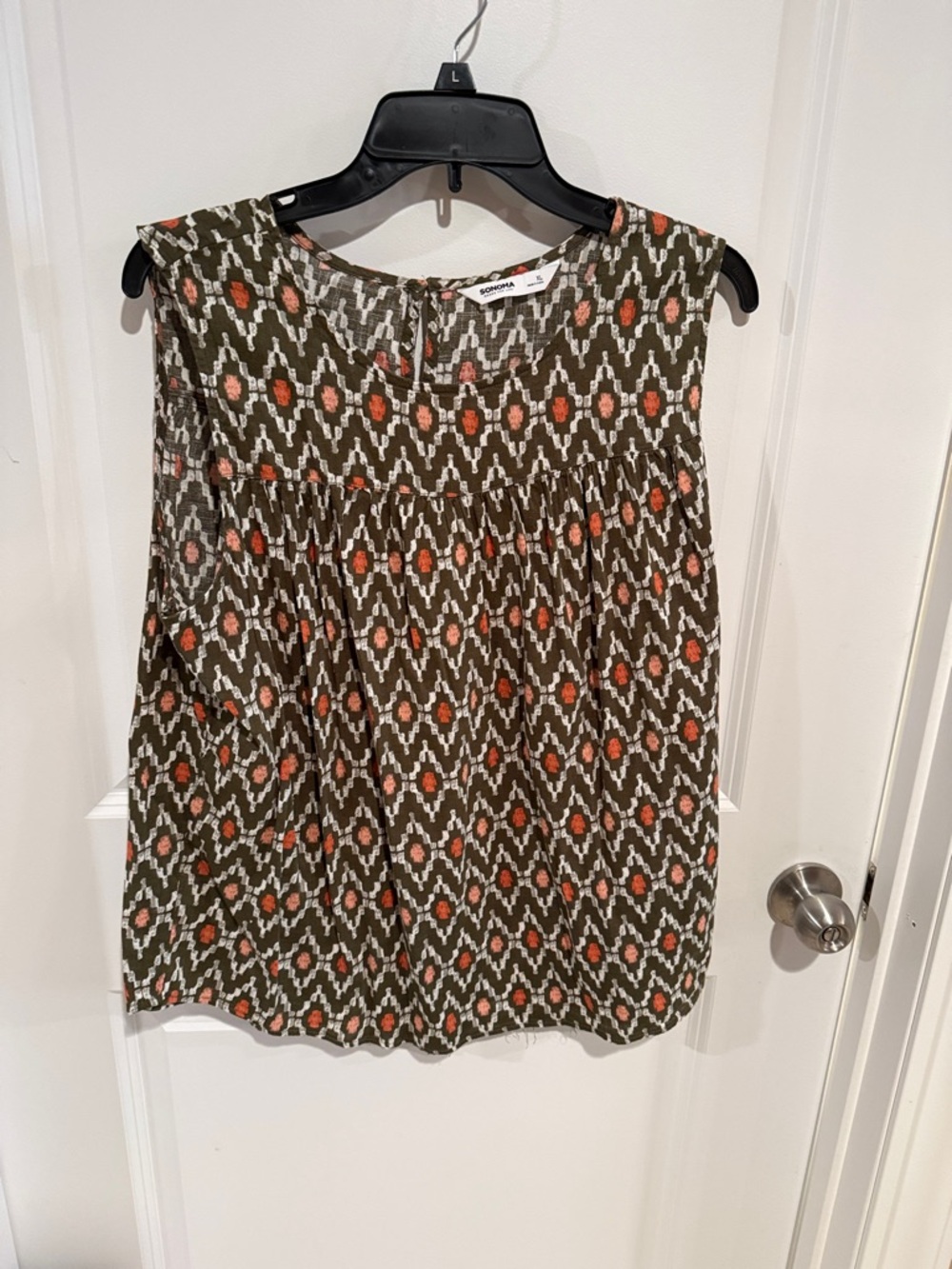 Sonoma Olive Ikat-Pattern Sleeveless Tank with Coral Highlights